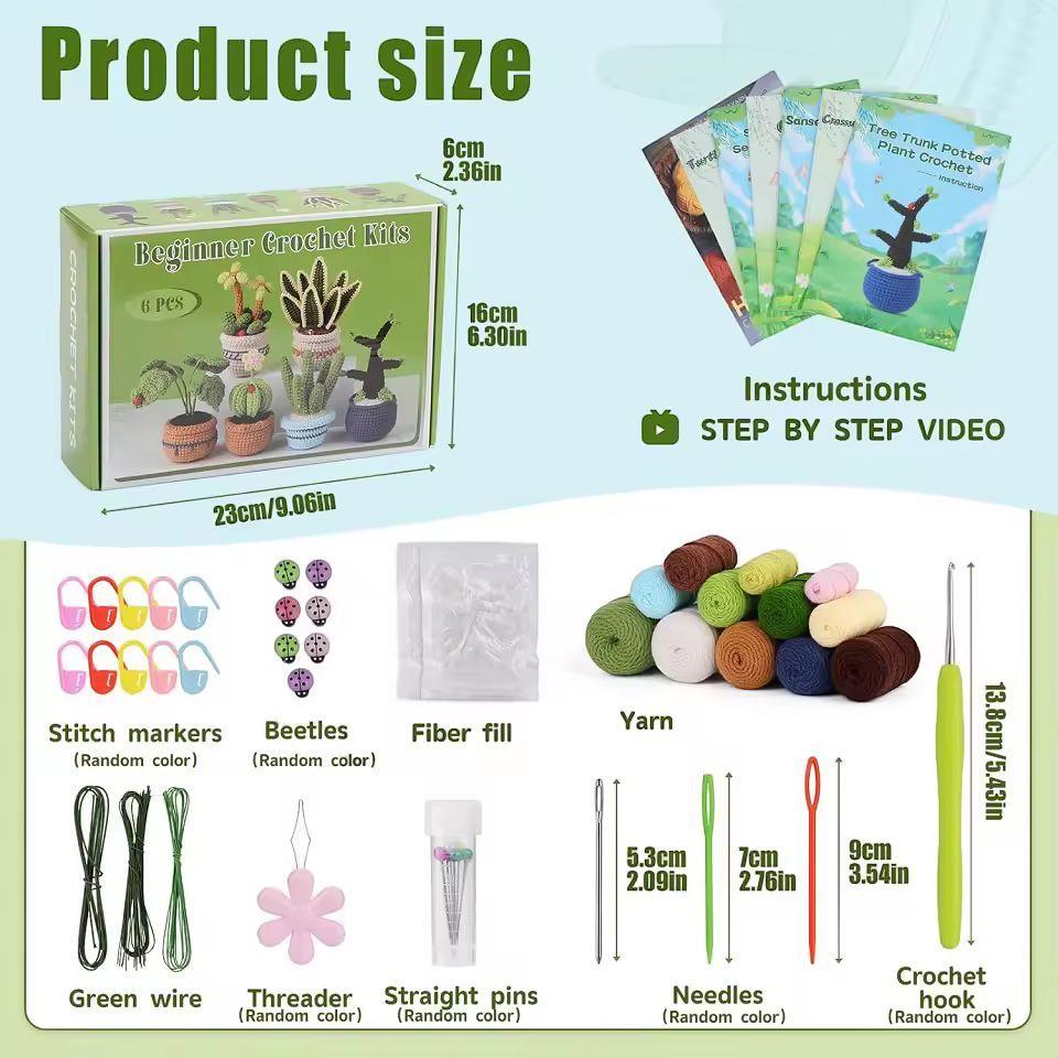 Crochet Succulent Kit for Beginners | 6 Potted Plant DIY Set with Yarn, Tools and Instructions | Handmade Gift for Adults & Crafters