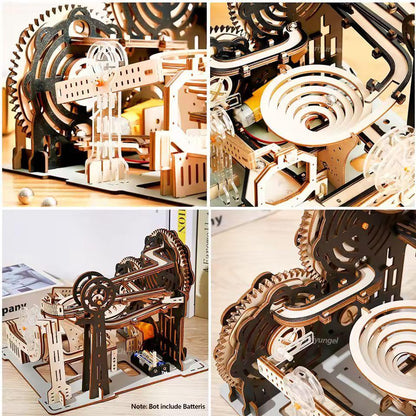 Four detailed photographs of the wooden marble run showing gear wheels, marble tracks, spiral bowl and moving parts.