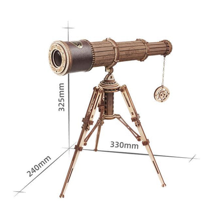 Wooden 3D telescope model dimensions showing 325 mm height, 330 mm length and 240 mm base depth.