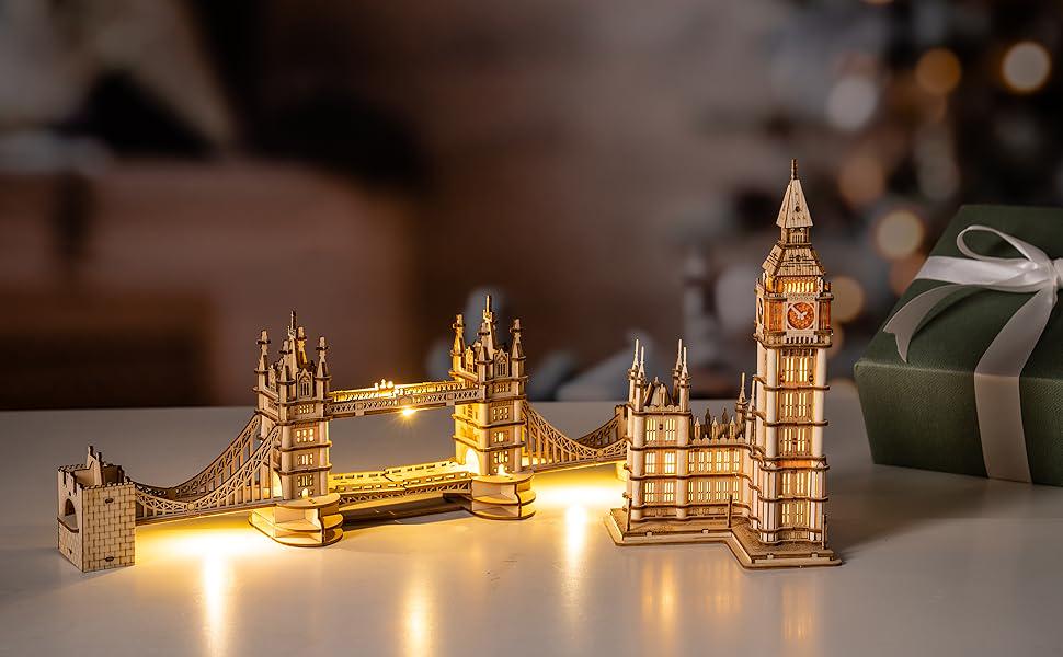 Tower Bridge Wooden Model Kit | 3D Wooden Puzzle Landmark Gift | DIY Craft Kit for Adults & Teens with LED Light | London Bridge Home Décor