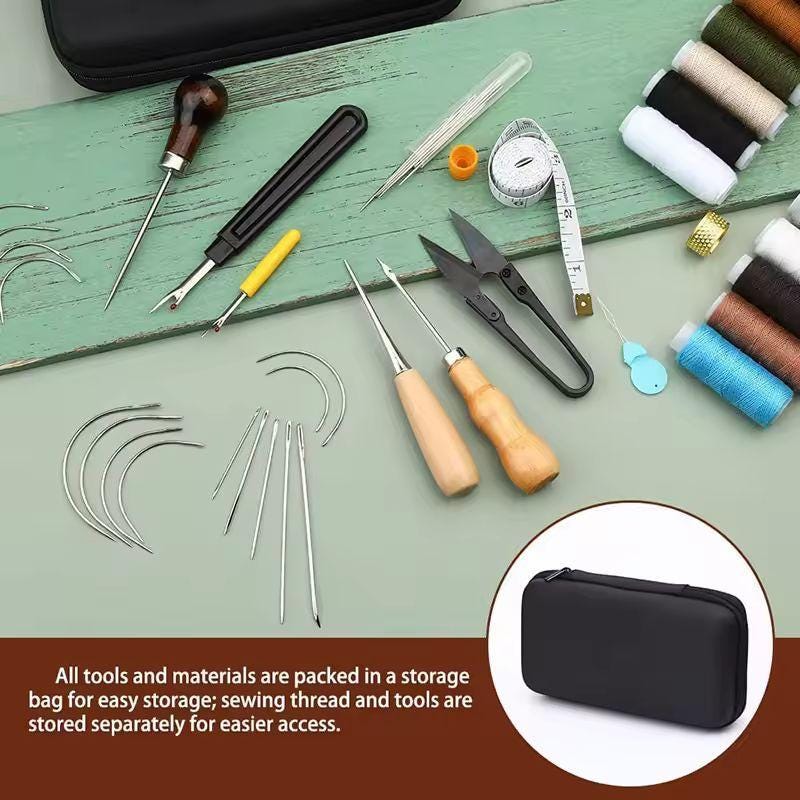Complete Leather Sewing Kit – Upholstery Repair Set with Thread, Awls, Needles & Tools for DIY Leathercraft