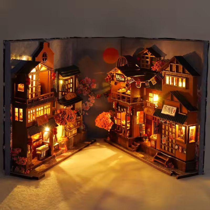 Japanese Sakura Alley DIY Wooden Book Nook Kit | Miniature Bookshelf Insert & Handmade Home Décor