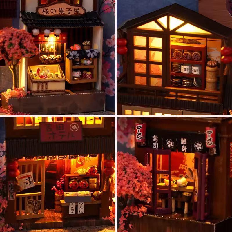 Japanese Sakura Alley DIY Wooden Book Nook Kit | Miniature Bookshelf Insert & Handmade Home Décor
