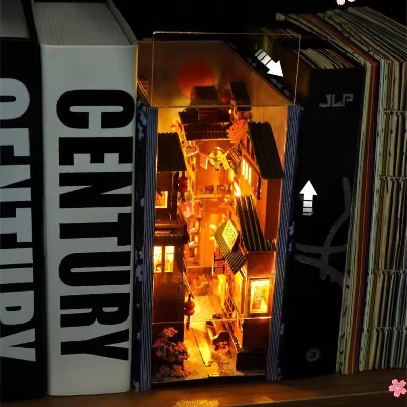 Japanese Sakura Alley DIY Wooden Book Nook Kit | Miniature Bookshelf Insert & Handmade Home Décor
