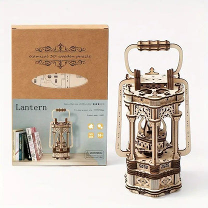 Assembled wooden lantern puzzle beside its cardboard retail packaging against a white background.