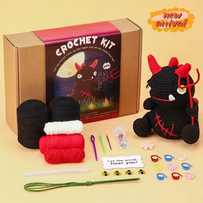Crochet Dragon Kit for Beginners – DIY Halloween Plush Amigurumi with Yarn & Tools | Spooky Craft Gift with Video Tutorial
