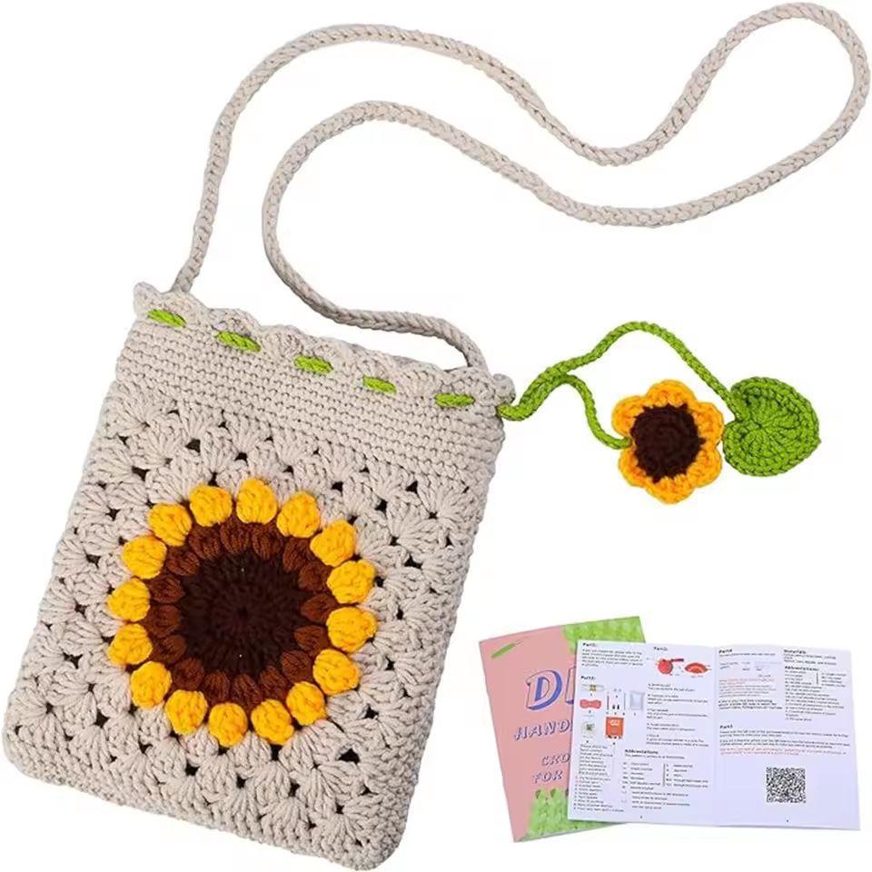 Sunflower Crochet Bag Kit for Beginners – DIY Phone Purse with Yarn and Hook | Handmade bag Gift for Women & Girls