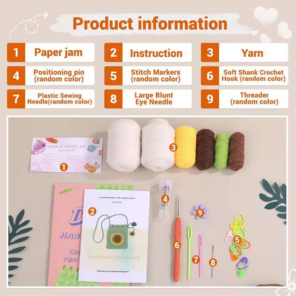 Sunflower Crochet Bag Kit for Beginners – DIY Phone Purse with Yarn and Hook | Handmade bag Gift for Women & Girls