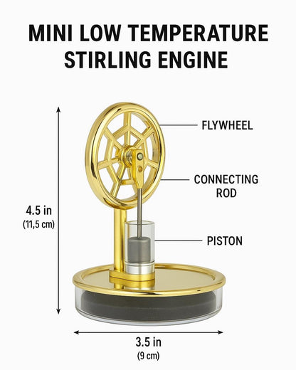 Gold low-temperature Stirling engine size diagram showing 11.5 cm height and 9 cm round base.