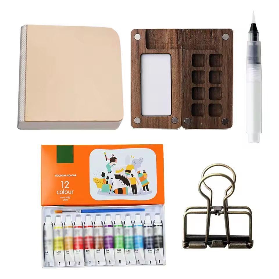 Mini Travel Watercolor Palette – 8 Grid Wooden Paint Box with Brush, Sketchbook & Clip | Portable Pocket Art Set for Artists