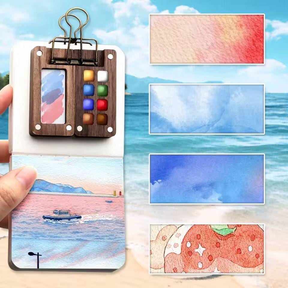 Mini Travel Watercolor Palette – 8 Grid Wooden Paint Box with Brush, Sketchbook & Clip | Portable Pocket Art Set for Artists