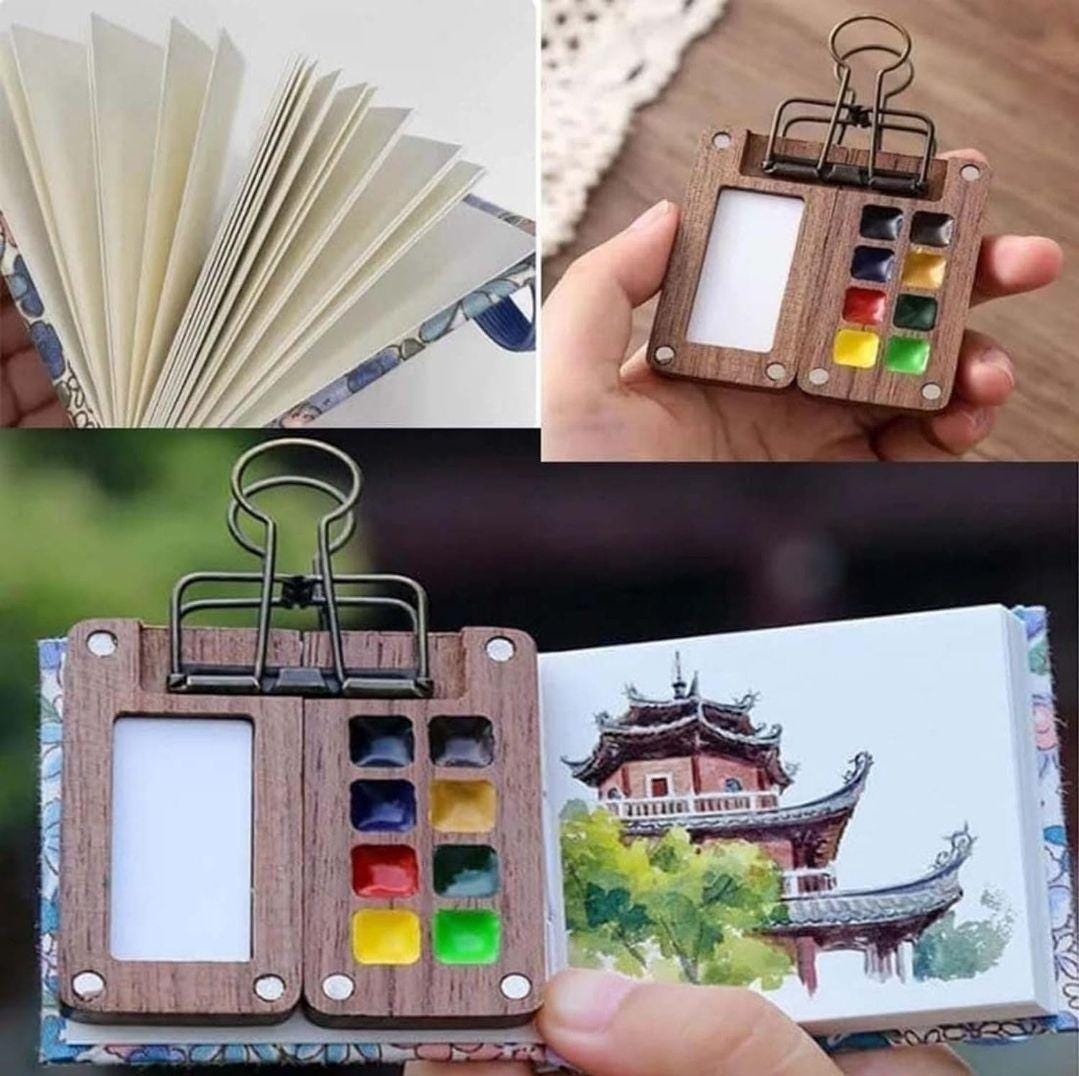 Mini Travel Watercolor Palette – 8 Grid Wooden Paint Box with Brush, Sketchbook & Clip | Portable Pocket Art Set for Artists