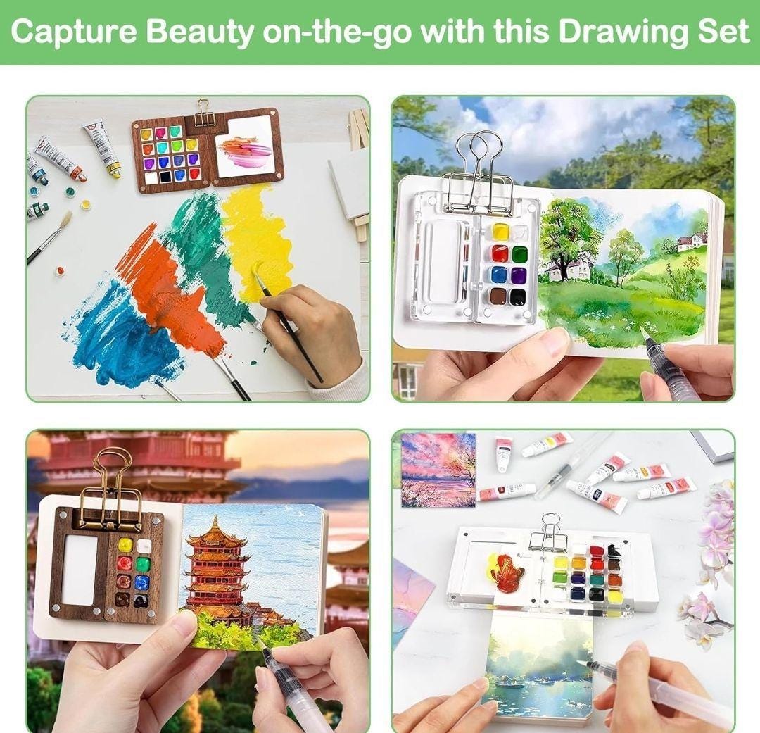 Mini Travel Watercolor Palette – 8 Grid Wooden Paint Box with Brush, Sketchbook & Clip | Portable Pocket Art Set for Artists