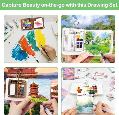 Four examples of compact watercolour sketching kits used for landscapes and painting outdoors.