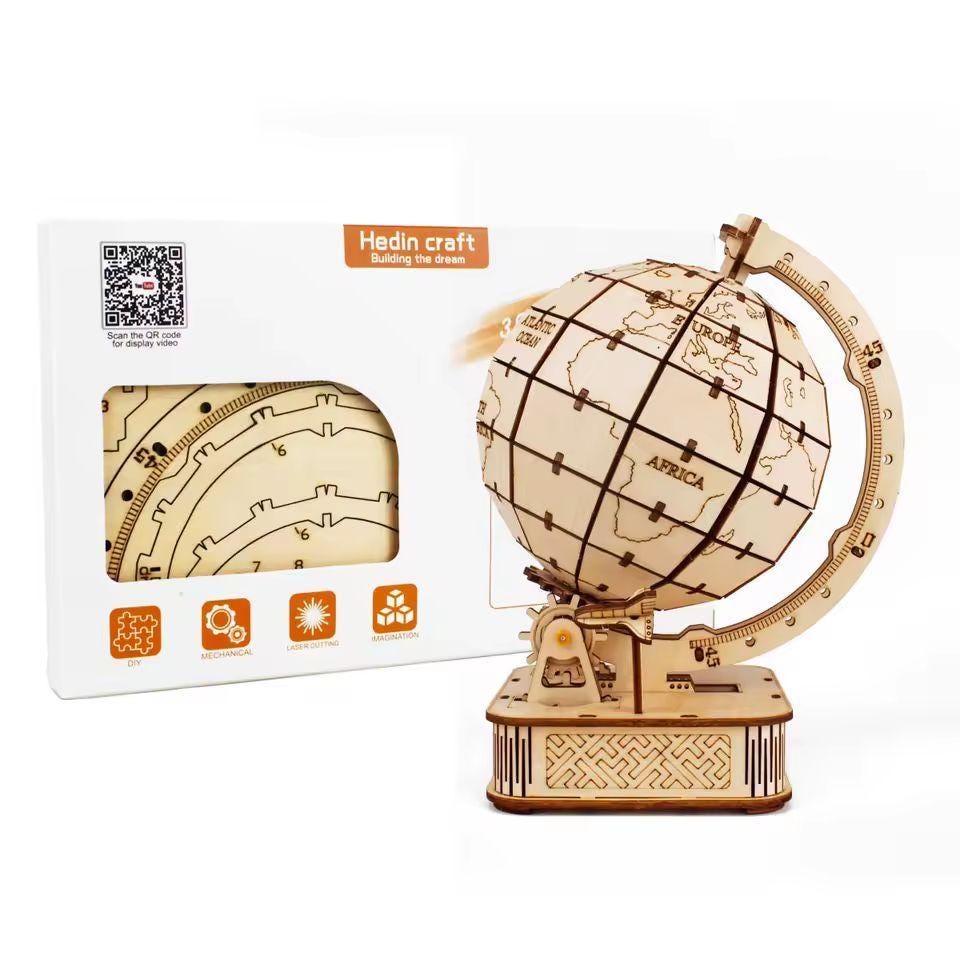 3D Wooden Globe Puzzle Kit – Rotating Mechanical Model | STEM DIY Educational Gift for Teens & Adults