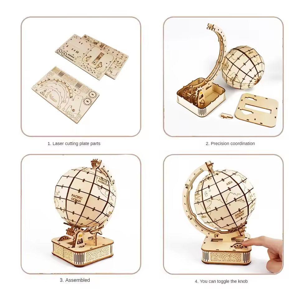 3D Wooden Globe Puzzle Kit – Rotating Mechanical Model | STEM DIY Educational Gift for Teens & Adults