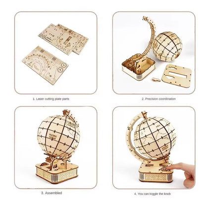 Four-stage wooden globe puzzle assembly guide showing laser-cut parts, globe construction, finished model and rotating knob.