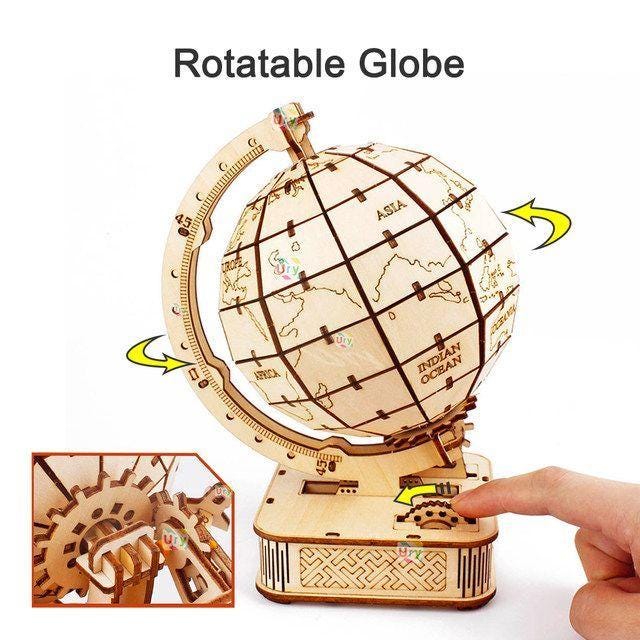 3D Wooden Globe Puzzle Kit – Rotating Mechanical Model | STEM DIY Educational Gift for Teens & Adults