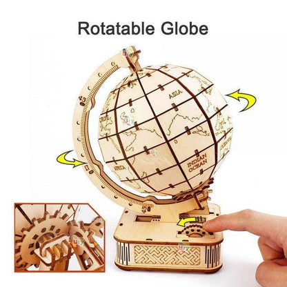 Diagram of rotating wooden globe puzzle with arrows showing globe movement and inset view of the gear mechanism.
