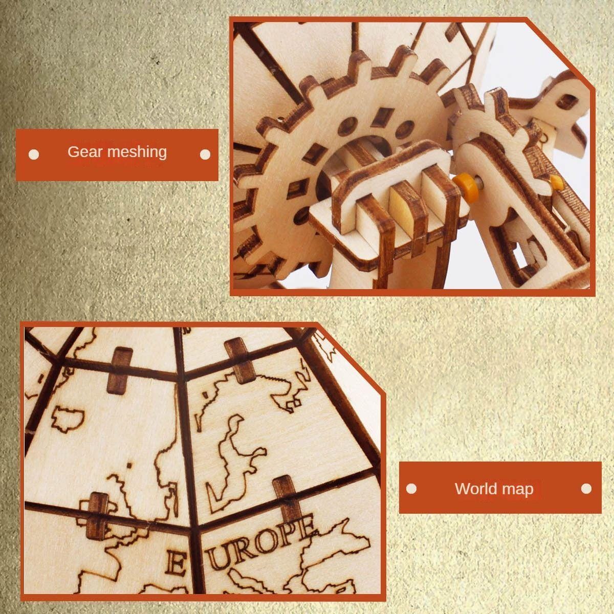 3D Wooden Globe Puzzle Kit – Rotating Mechanical Model | STEM DIY Educational Gift for Teens & Adults