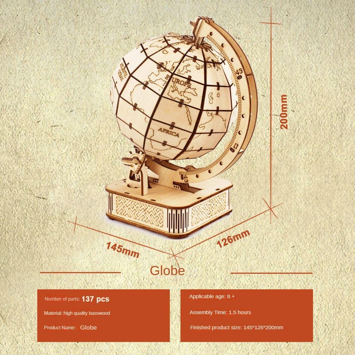 3D Wooden Globe Puzzle Kit – Rotating Mechanical Model | STEM DIY Educational Gift for Teens & Adults