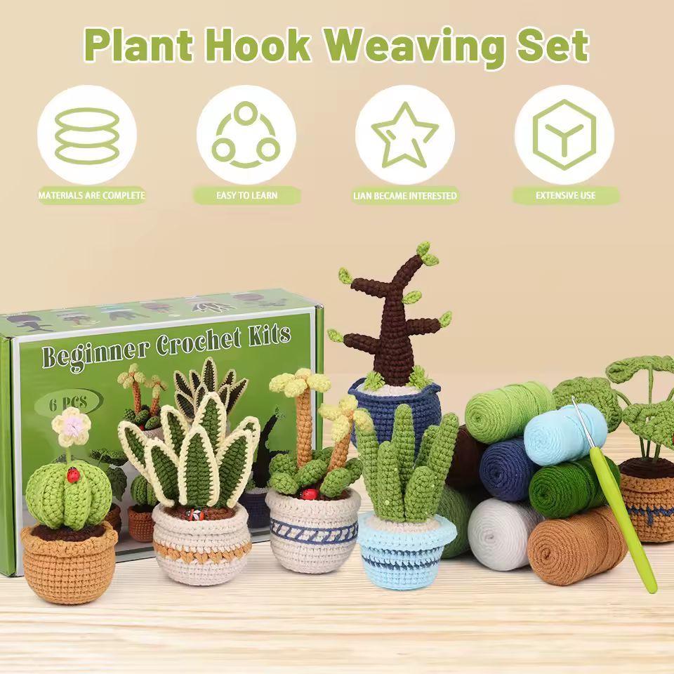Crochet Succulent Kit for Beginners | 6 Potted Plant DIY Set with Yarn, Tools and Instructions | Handmade Gift for Adults & Crafters