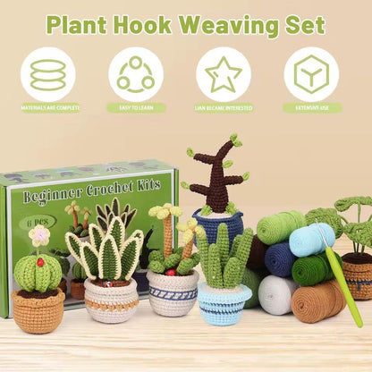 Beginner crochet plant kit box with six potted plant designs, coloured yarn skeins and crochet hook.