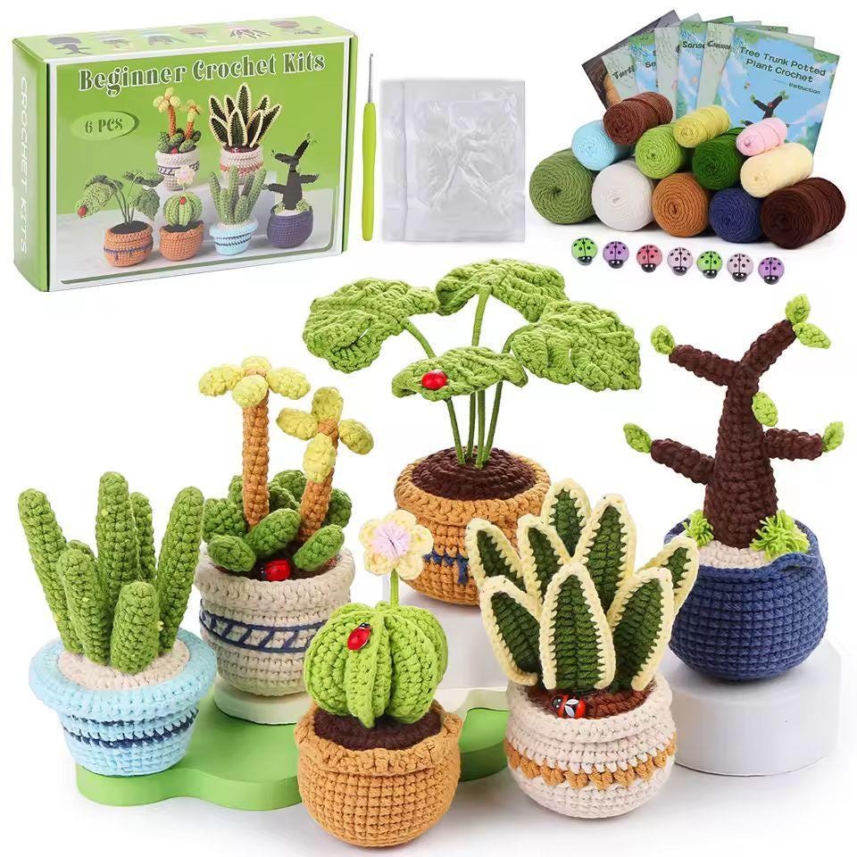 Crochet Succulent Kit for Beginners | 6 Potted Plant DIY Set with Yarn, Tools and Instructions | Handmade Gift for Adults & Crafters