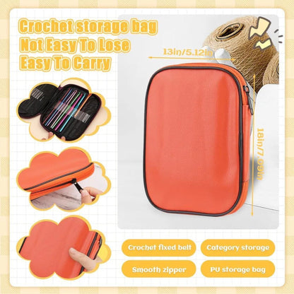 Orange crochet hook storage bag shown closed and open with holders for coloured hooks and silver yarn needles.