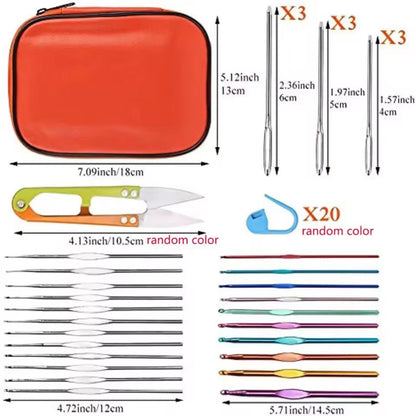 Crochet kit accessory sizes chart showing orange carry case, hooks, needles, thread snips and twenty stitch markers.