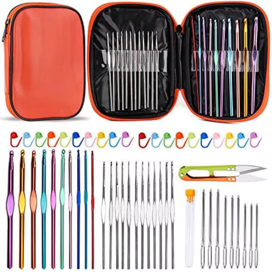 54PCS Crochet Hook Set with Case – Ergonomic Yarn Tools, Knitting Needles, Stitch Markers, Scissors for Beginners