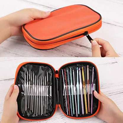 Hands opening an orange zip-up crochet hook case to show hooks and needles stored in separate compartments.