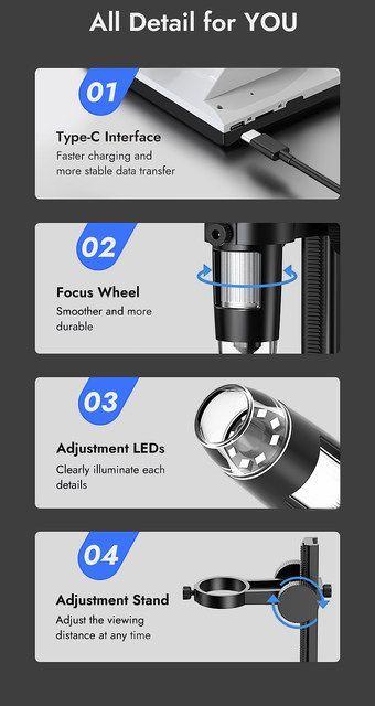 Digital Microscope for Crafts & Coins | 1000X Magnification with 4.3" Screen and LED Lights | Soldering, Jewelry, Fabric Inspection Tool
