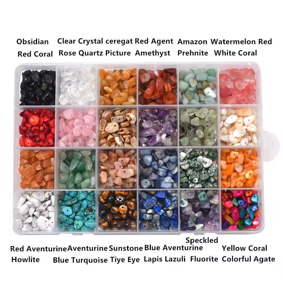 24 Colour Gemstone Chip Beads Kit - Jewellery Making Set with Findings & Tools