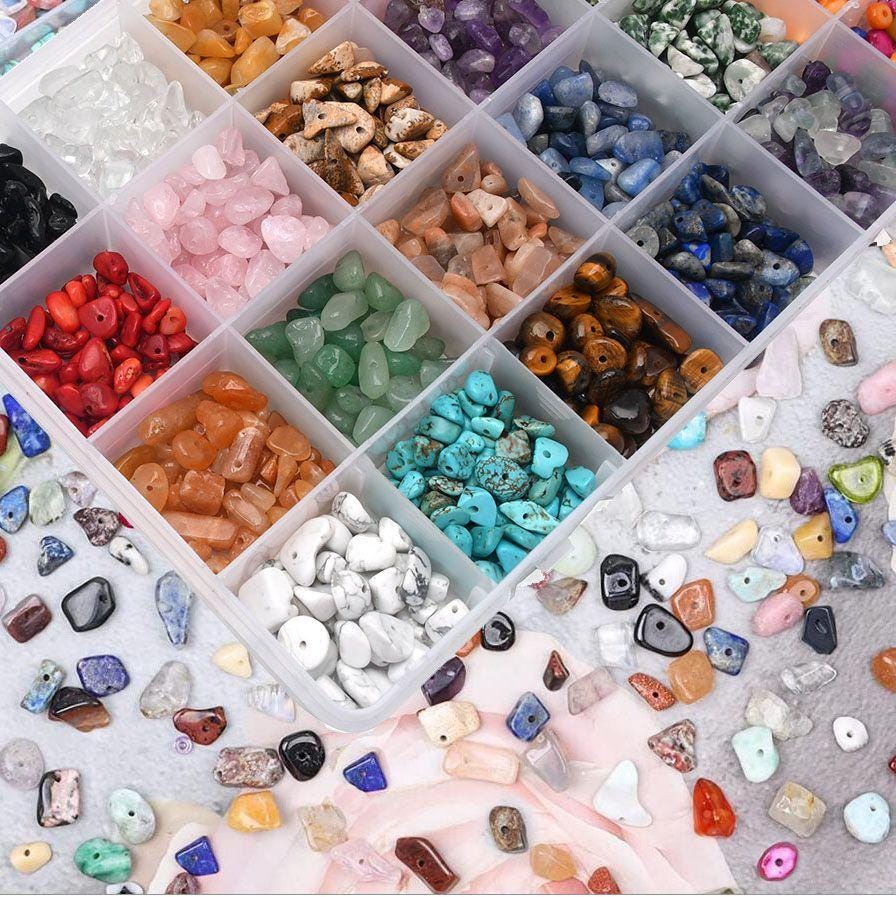 24 Colour Gemstone Chip Beads Kit - Jewellery Making Set with Findings & Tools