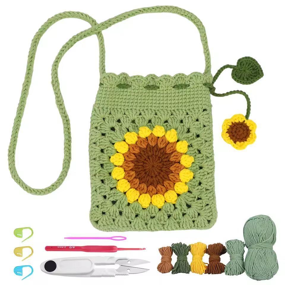 Sunflower Crochet Bag Kit for Beginners – DIY Phone Purse with Yarn and Hook | Handmade bag Gift for Women & Girls