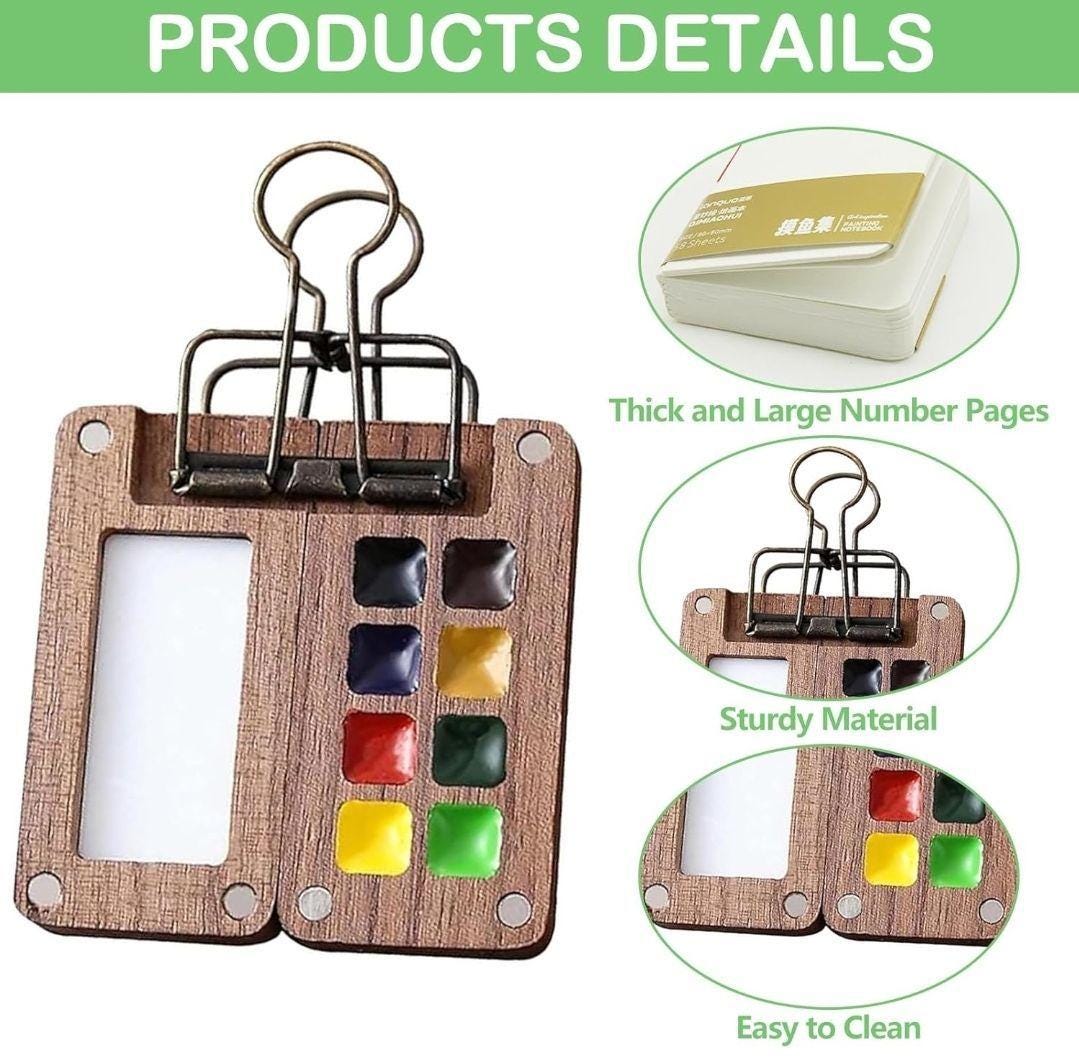 Mini Travel Watercolor Palette – 8 Grid Wooden Paint Box with Brush, Sketchbook & Clip | Portable Pocket Art Set for Artists