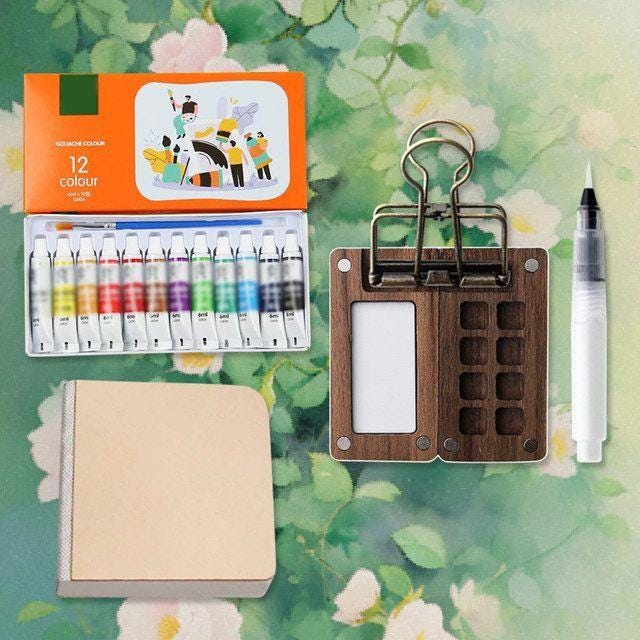 Mini Travel Watercolor Palette – 8 Grid Wooden Paint Box with Brush, Sketchbook & Clip | Portable Pocket Art Set for Artists