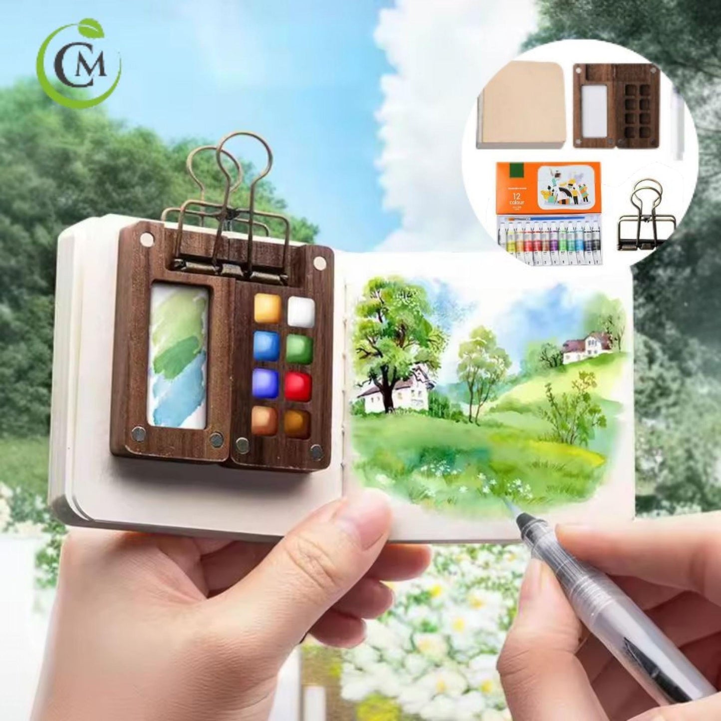 Mini Travel Watercolor Palette – 8 Grid Wooden Paint Box with Brush, Sketchbook & Clip | Portable Pocket Art Set for Artists