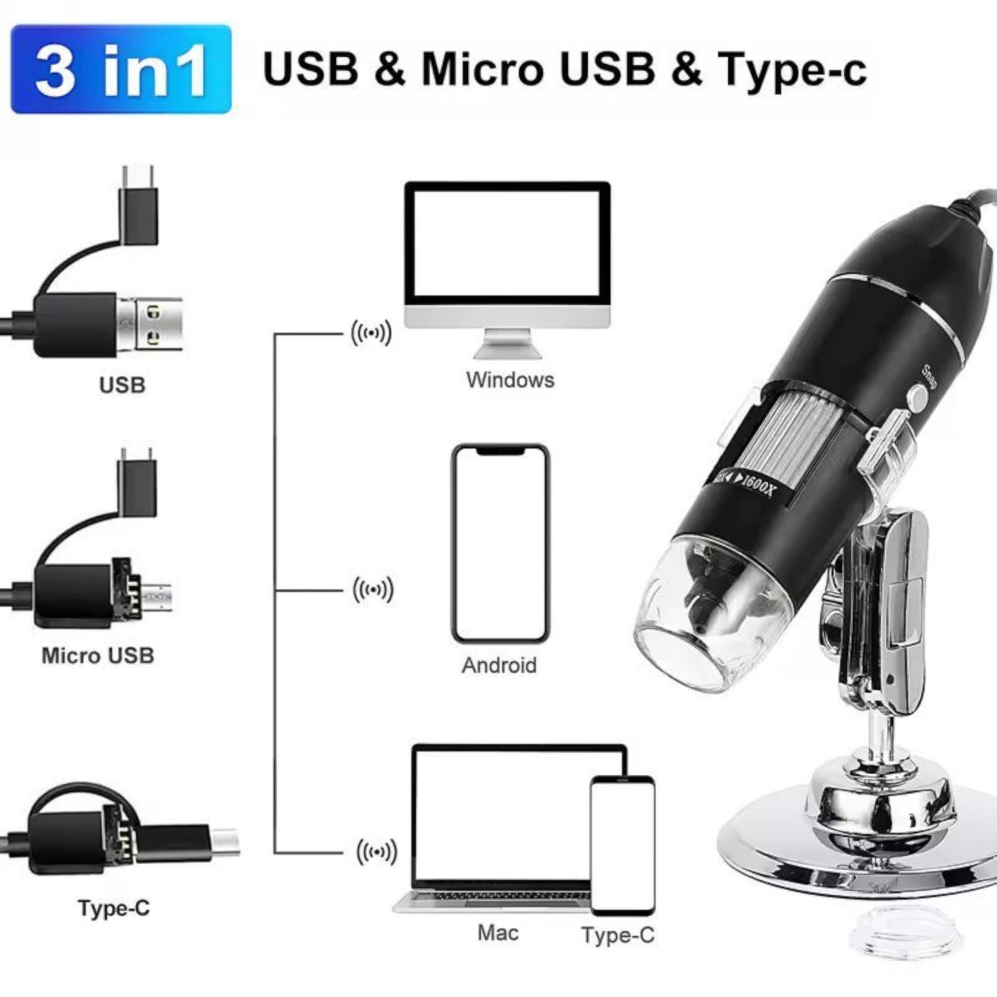 1600X USB Digital Microscope Camera with Stand | Portable Electronic Magnifier for Soldering, Crafts, Coins, PC Mac Android