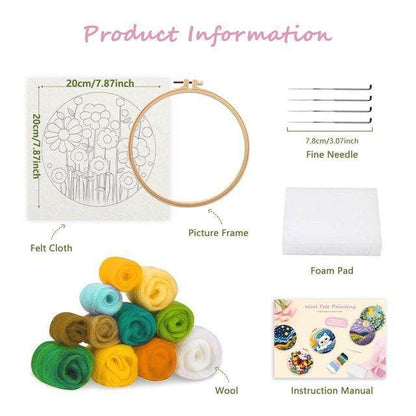 Needle felting landscape kit contents with hoop, wool, needles and foam pad.