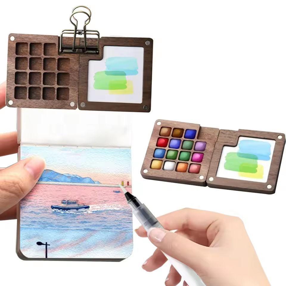 Mini Travel Watercolor Palette – 15 Grid Wooden Paint Box with Brush, Sketchbook & Clip | Portable Pocket Art Set for Artists