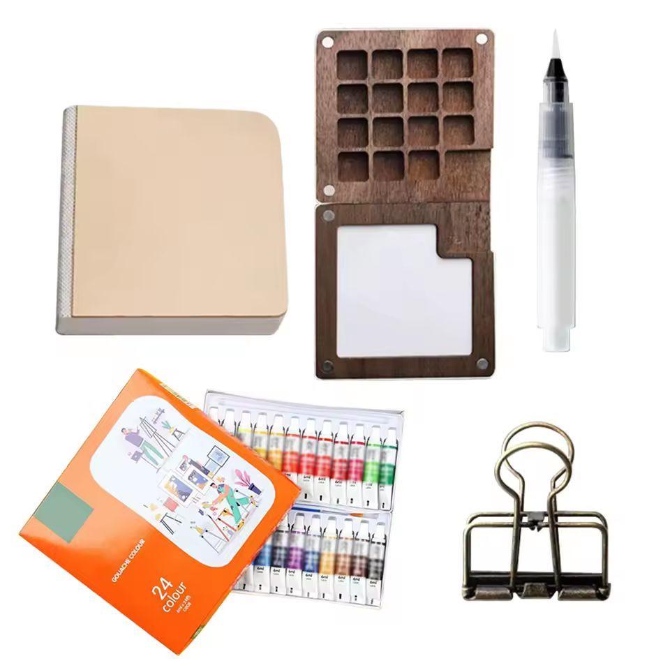 Mini Travel Watercolor Palette – 15 Grid Wooden Paint Box with Brush, Sketchbook & Clip | Portable Pocket Art Set for Artists