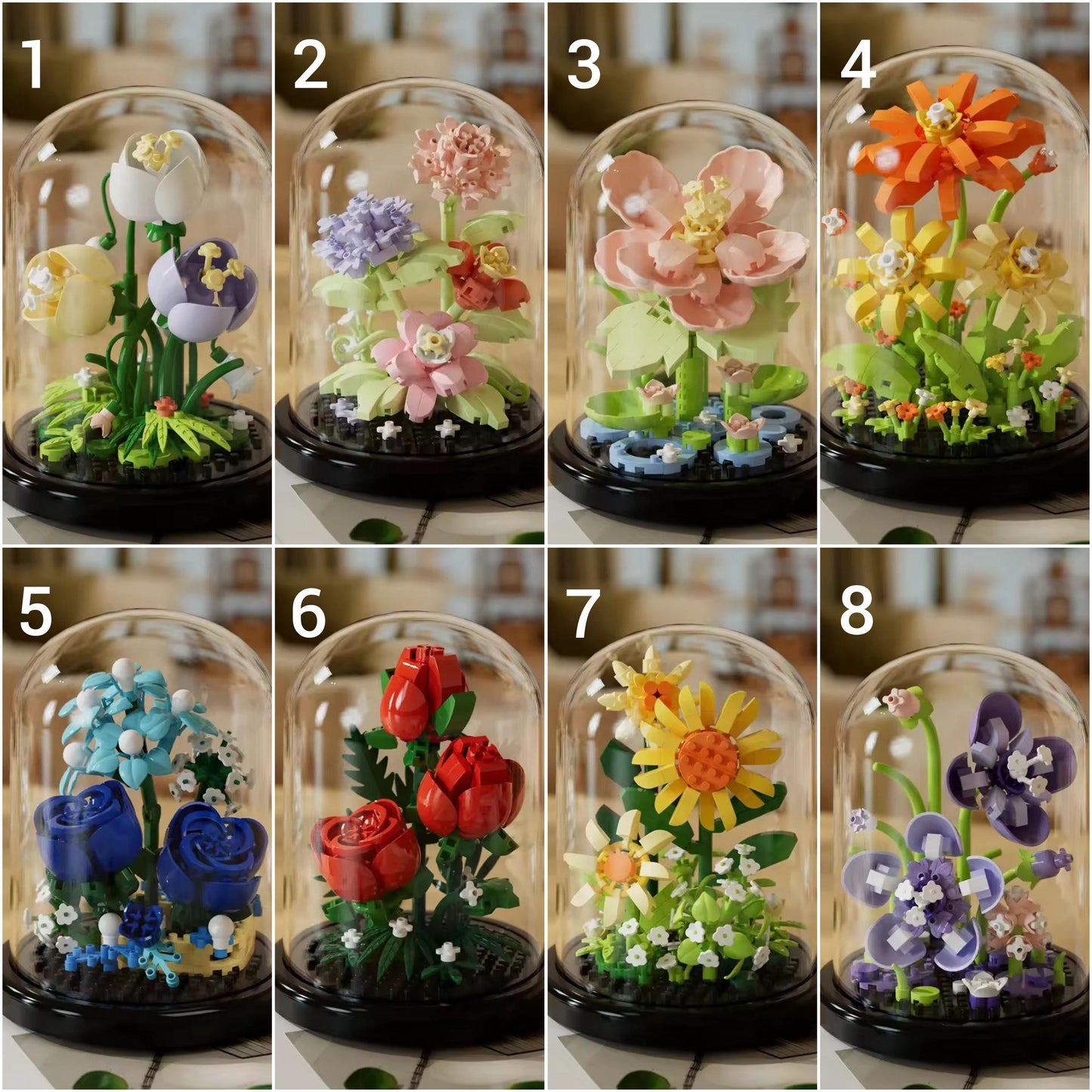 DIY flower building blocks with dome cover   unique home décor & perfect gift for birthdays  kids  and craft lovers