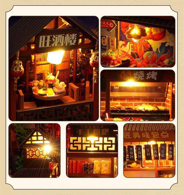 Retro Chinese Food Street DIY Wooden Book Nook Kit | Miniature Bookshelf Insert & Handmade Home Décor