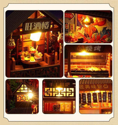 Miniature food street detail collage showing barbecue counter, dining balcony and illuminated shopfronts.