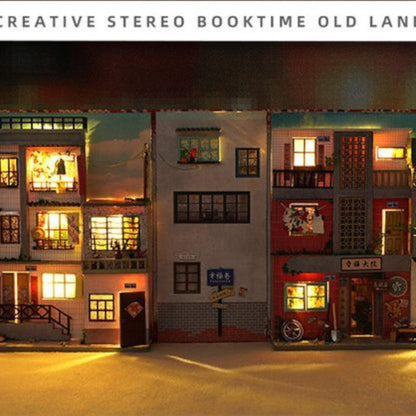 Chinese retro street book nook illuminated townhouse and shop façade details along an alley.