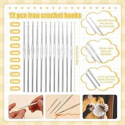 Crochet hook size comparison graphic showing twelve straight silver metal hooks in assorted millimetre sizes.