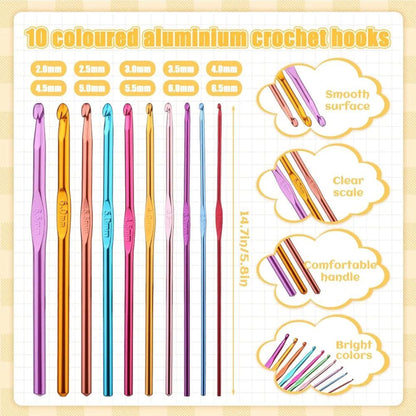 Set of ten brightly coloured aluminium crochet hooks with sizes marked from 2 mm to 6.5 mm.