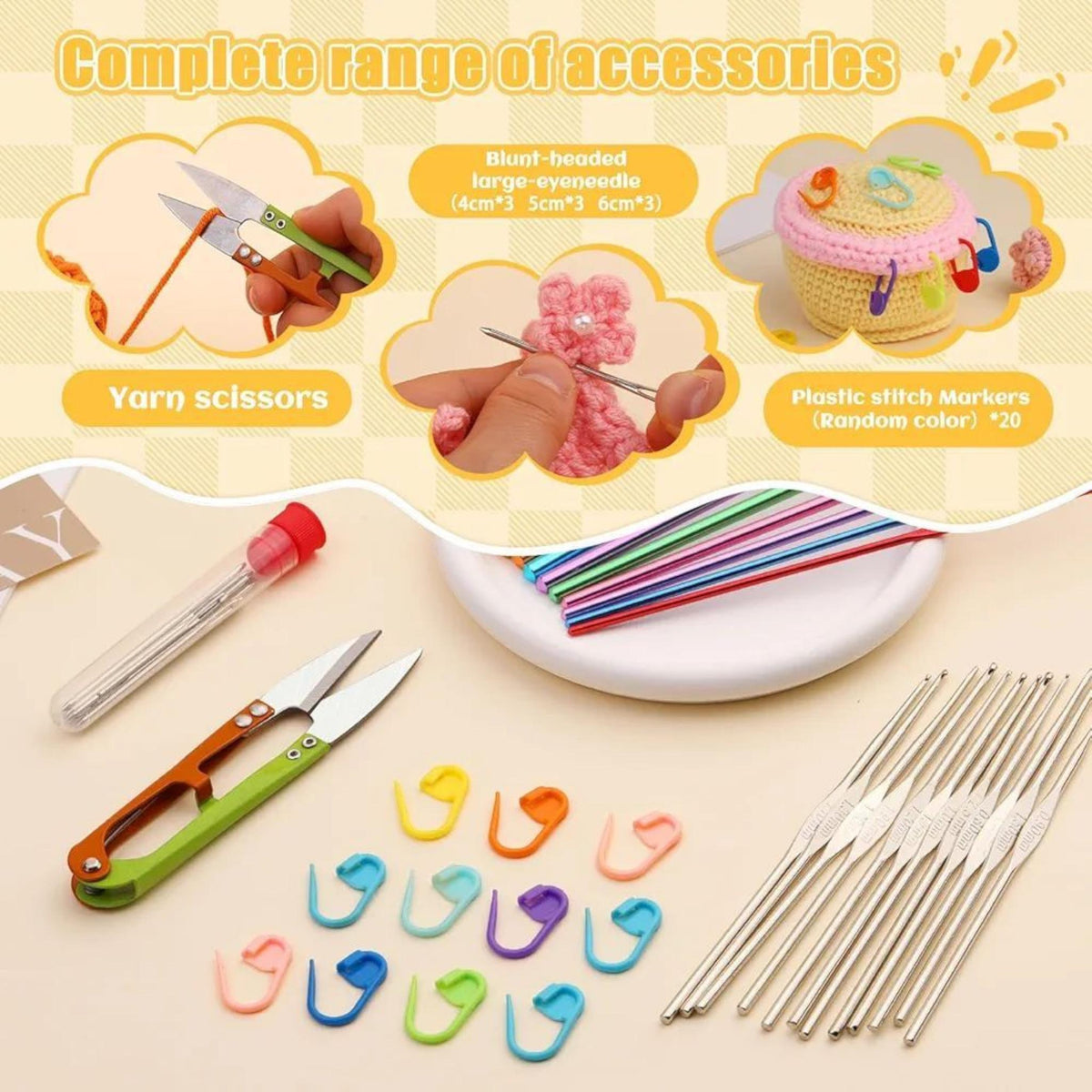 54PCS Crochet Hook Set with Case – Ergonomic Yarn Tools, Knitting Needles, Stitch Markers, Scissors for Beginners